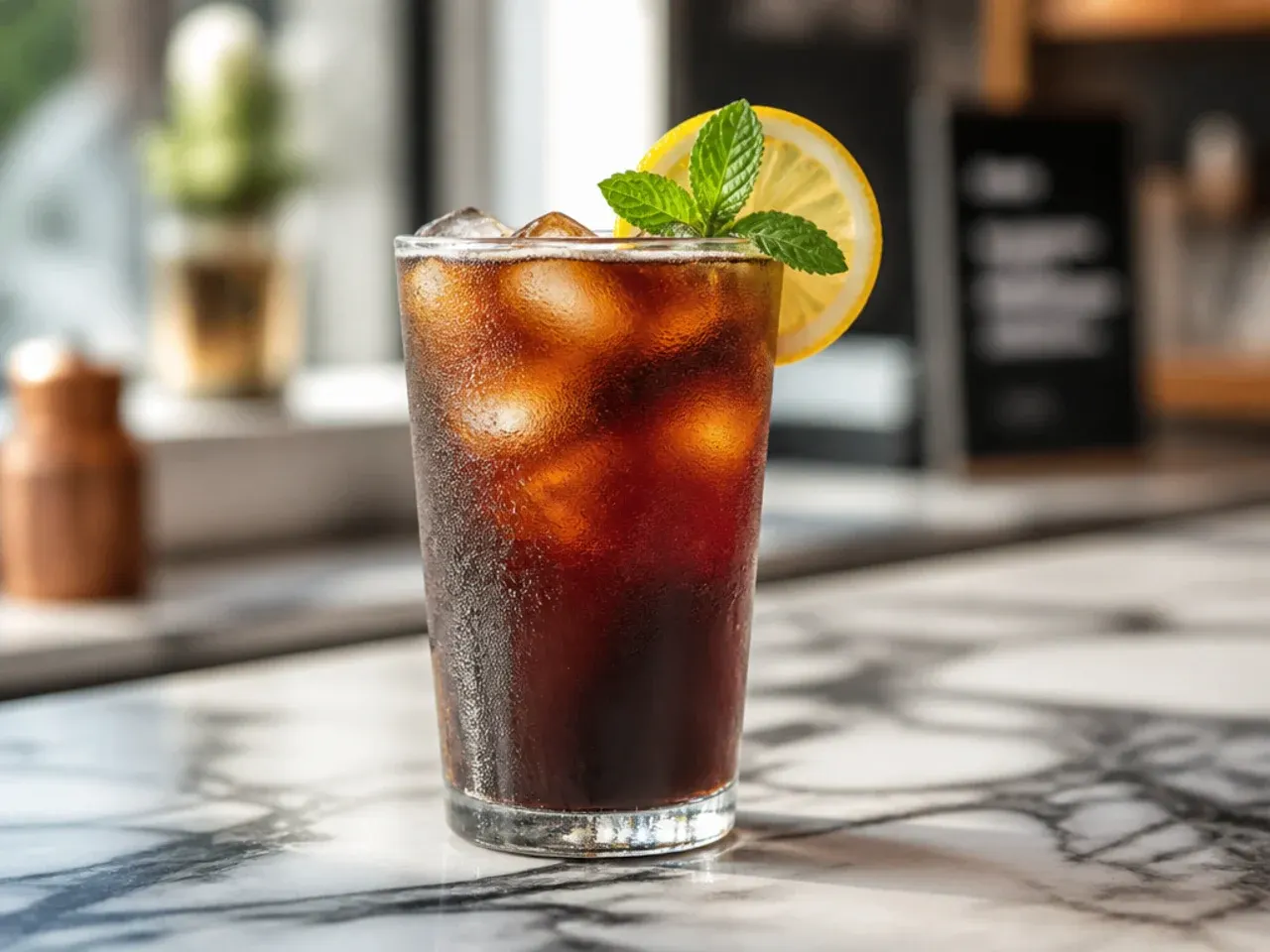 A simple iced Americano with visible crema over ice in a tall glass