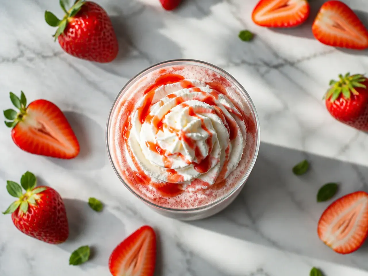 A pink strawberry crème frappuccino topped with whipped cream in a tall glass