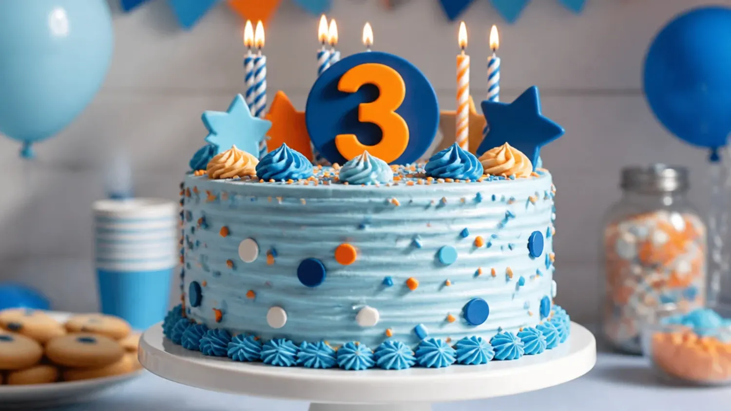 Two-tier blue and orange fondant-decorated birthday cake with paw print details and dog-ear toppers on a cake stand, surrounded by party decorations