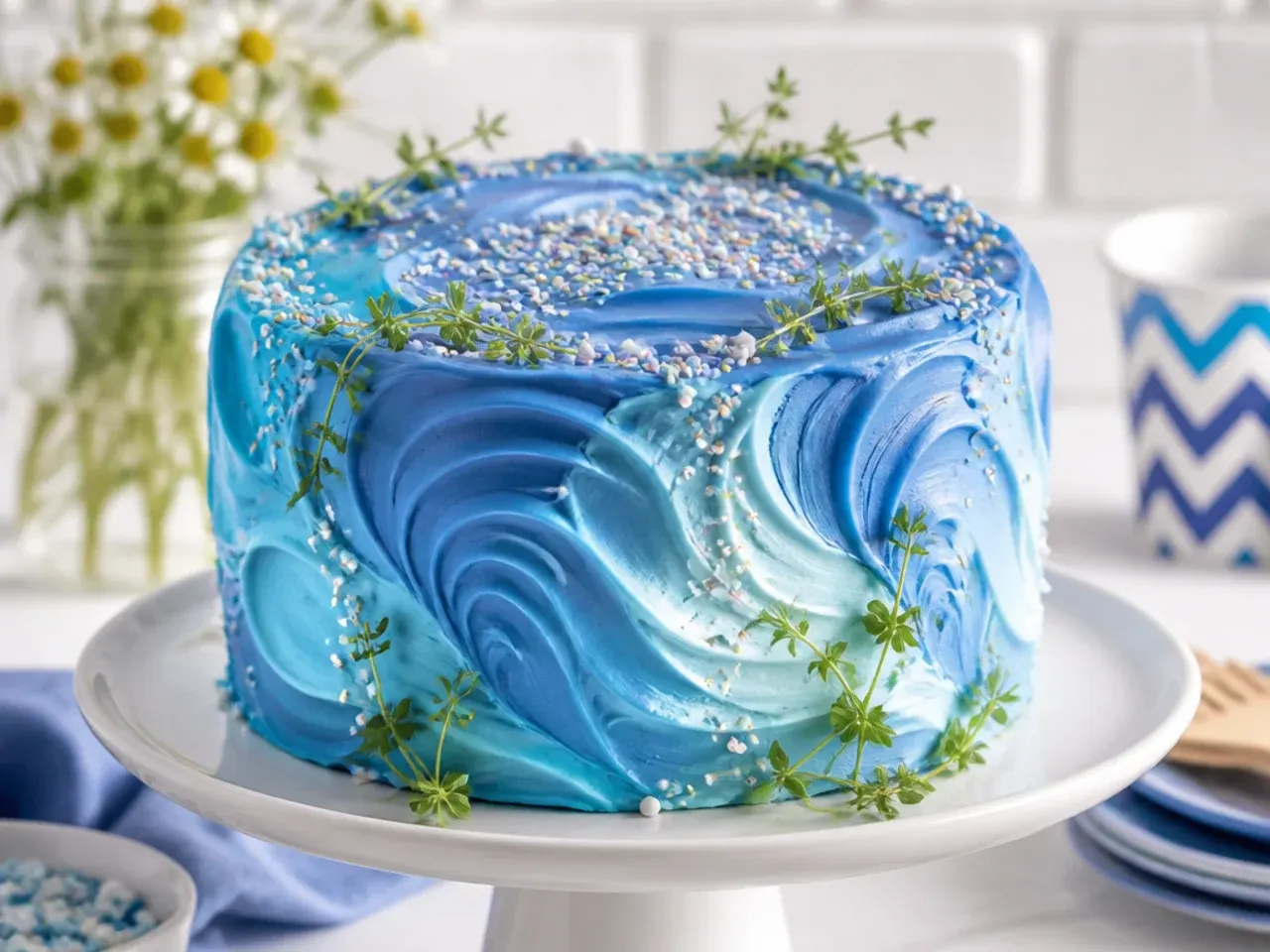 Close-up of sky-blue buttercream being tested against a paint colour swatch on a kitchen counter