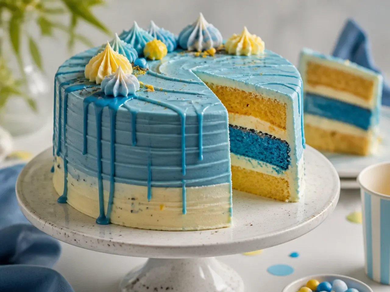 Dry sponge dabbing texture into pale blue buttercream on the side of a cake