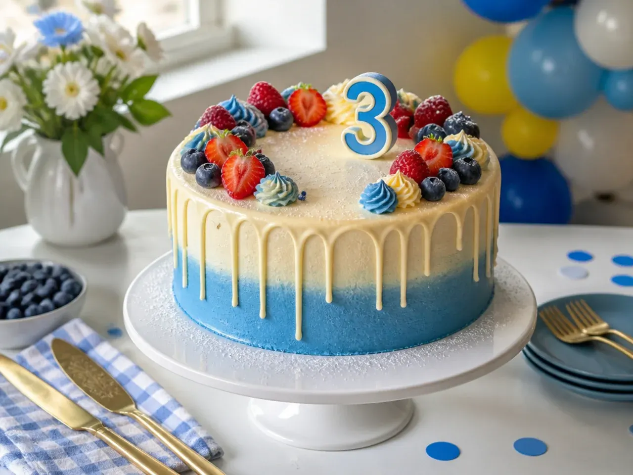 Cake with a thin white crumb coat chilling on a wire rack in the fridge