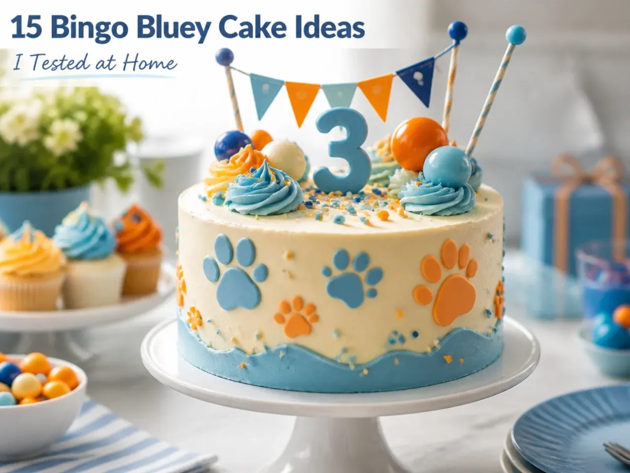Small piping bag piping stiff white buttercream paw prints onto a blue cake