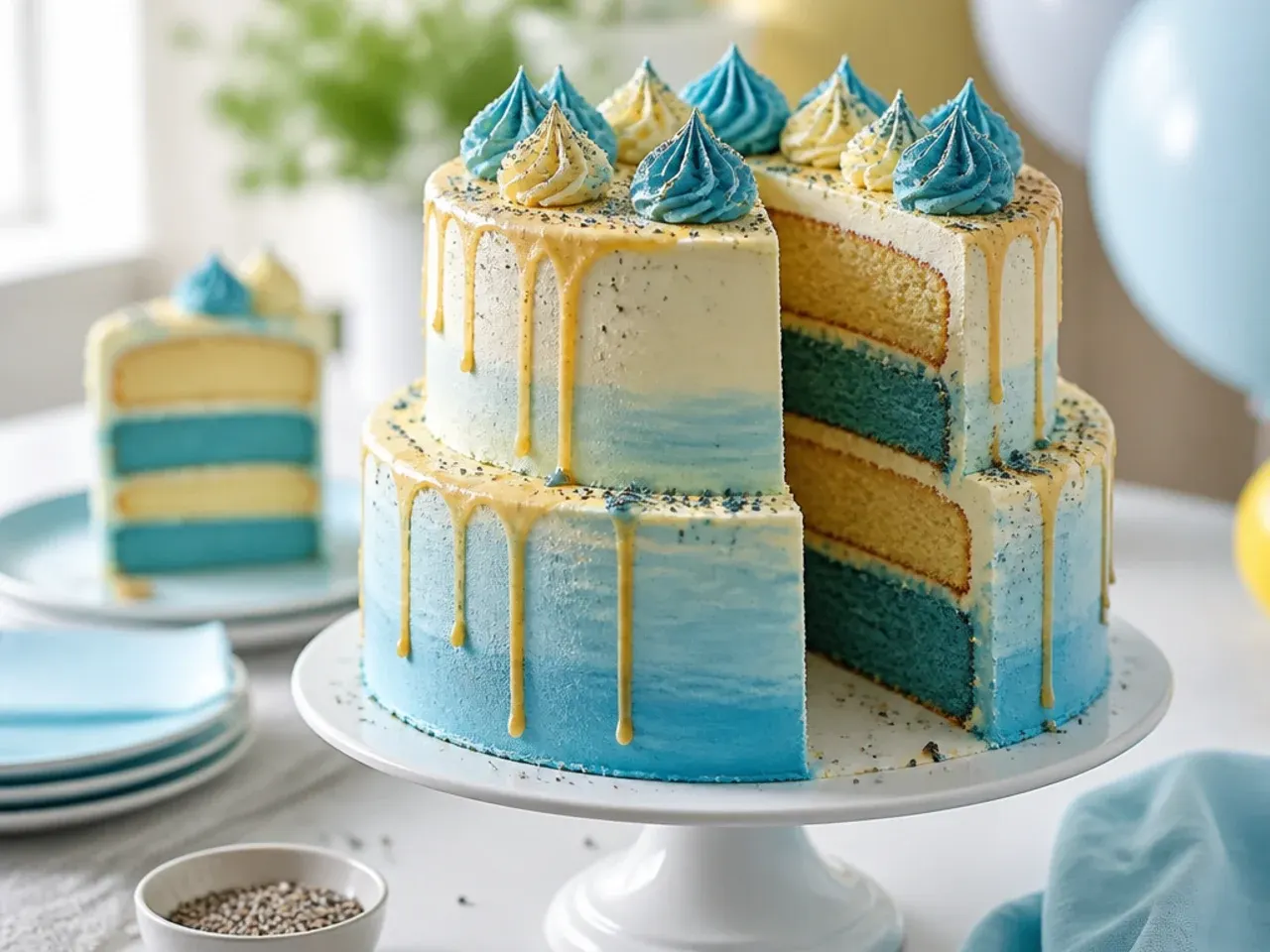 Cross-section of a two-tier cake showing plastic dowels supporting the top layer