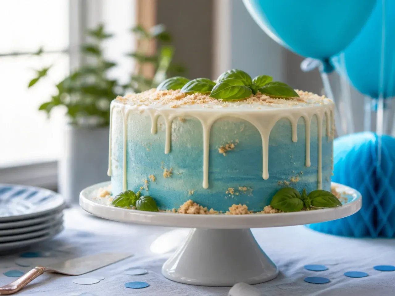 Condensation droplets on the smooth surface of a fondant cake taken from the fridge