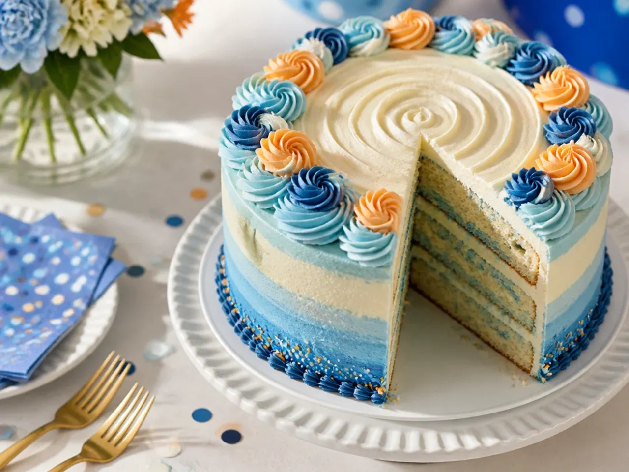 Simple two-tone blue and cream striped cake with a small dog-ear topper on a cocktail stick