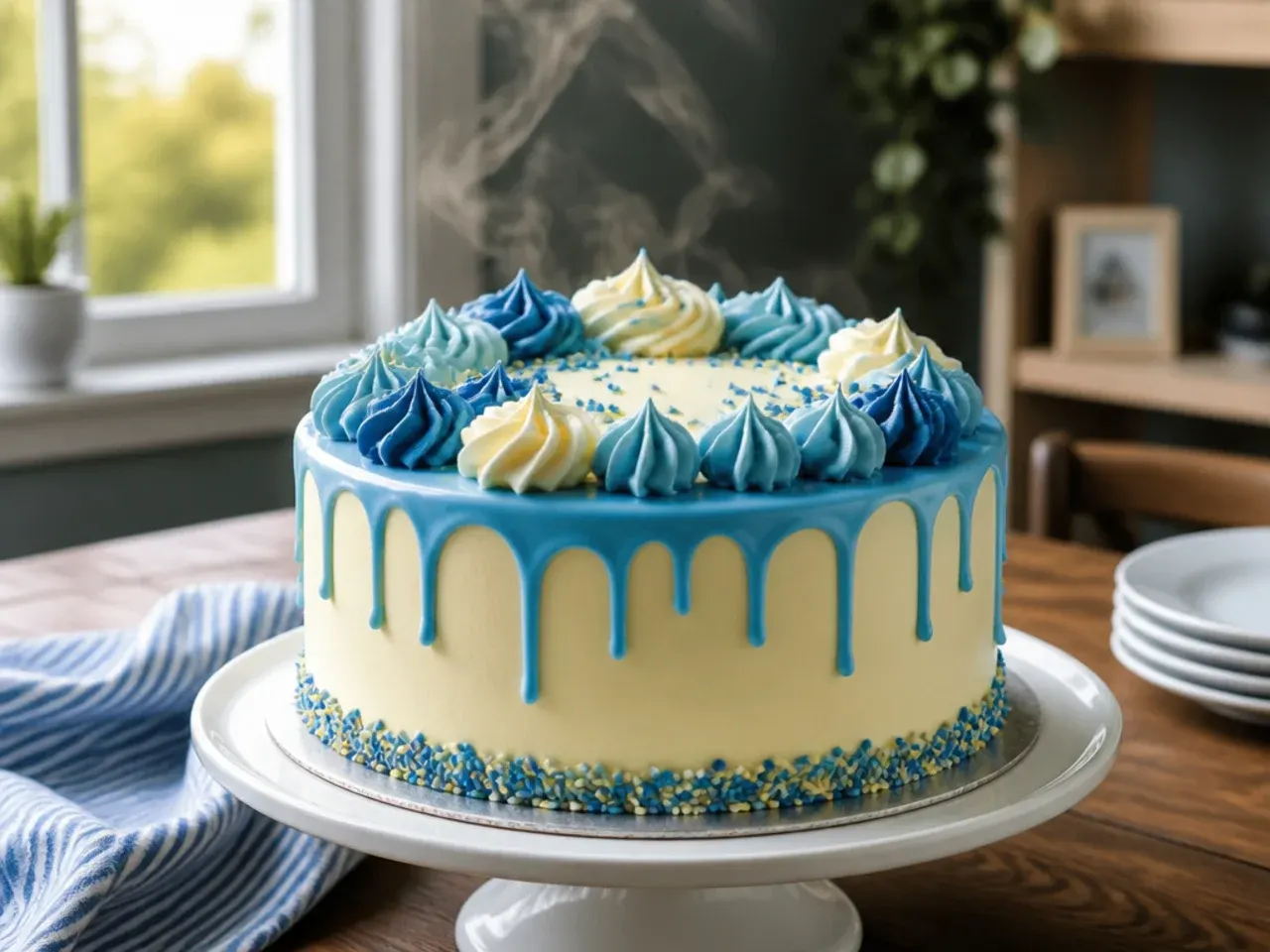 Finished blue and orange birthday cake with paw print details displayed on a table ready for a party