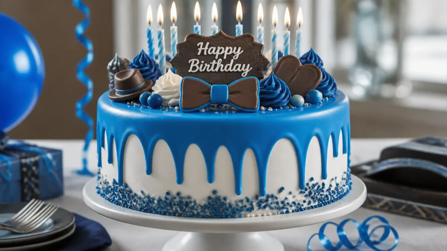 Rich chocolate fudge birthday cake for men, frosted with salted caramel buttercream and finished with a glossy chocolate drip