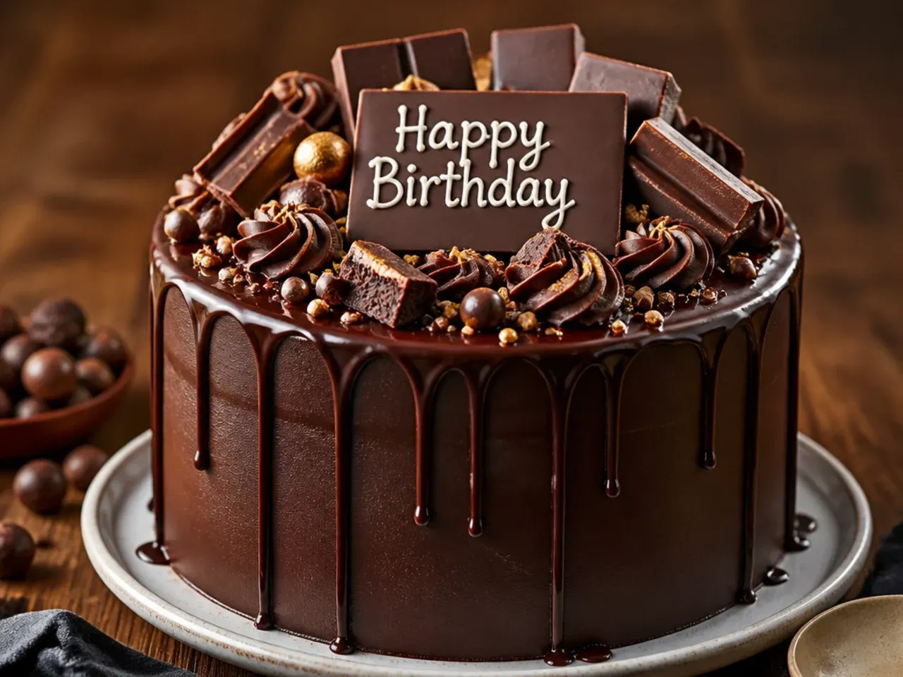 Overhead view of a frosted chocolate birthday cake surrounded by baking ingredients