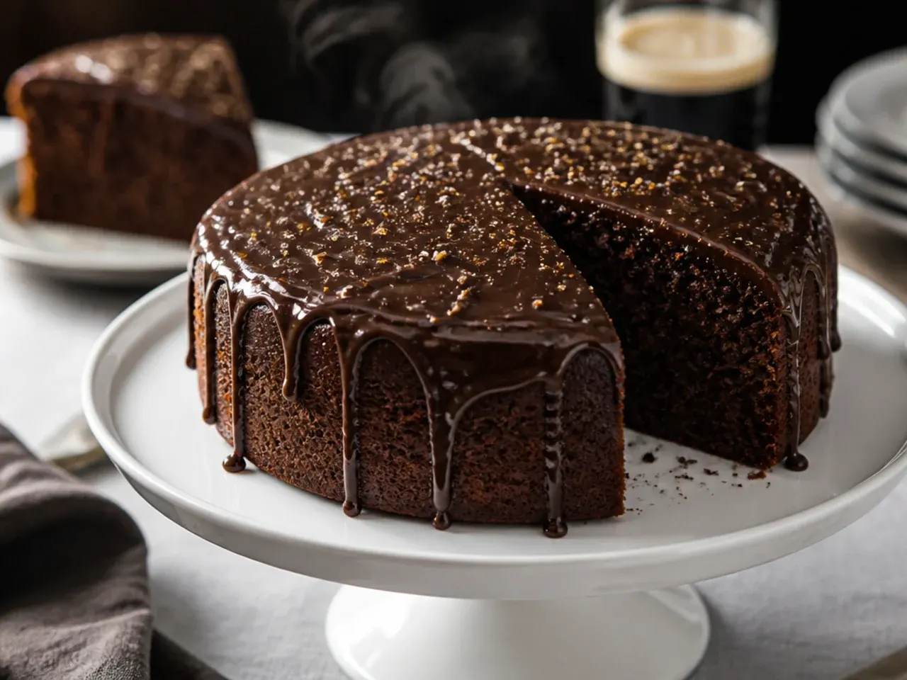 Chocolate stout cake with cream cheese frosting on a wooden board