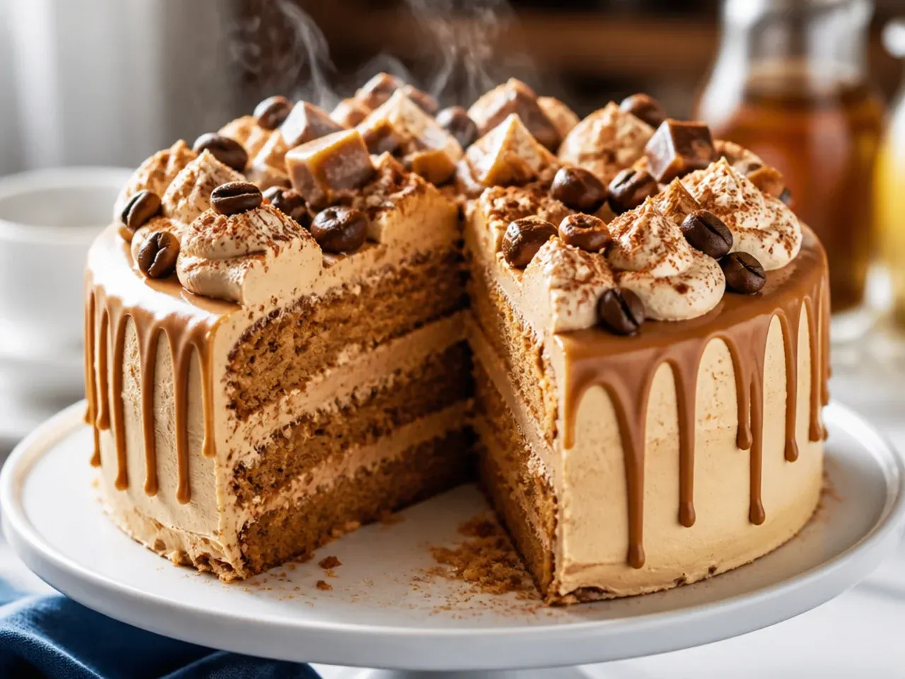 Spiced rum and coffee layer cake dusted with cinnamon