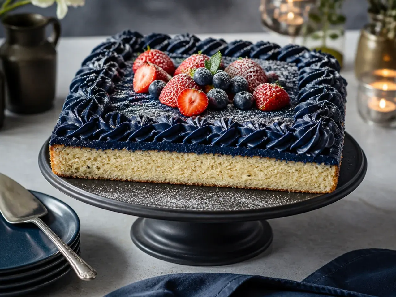 Navy blue frosted vanilla sheet cake cut into squares