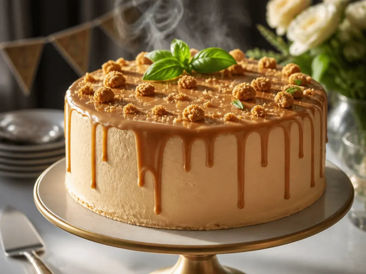 Salted caramel layer cake with caramel drip and sea salt flakes