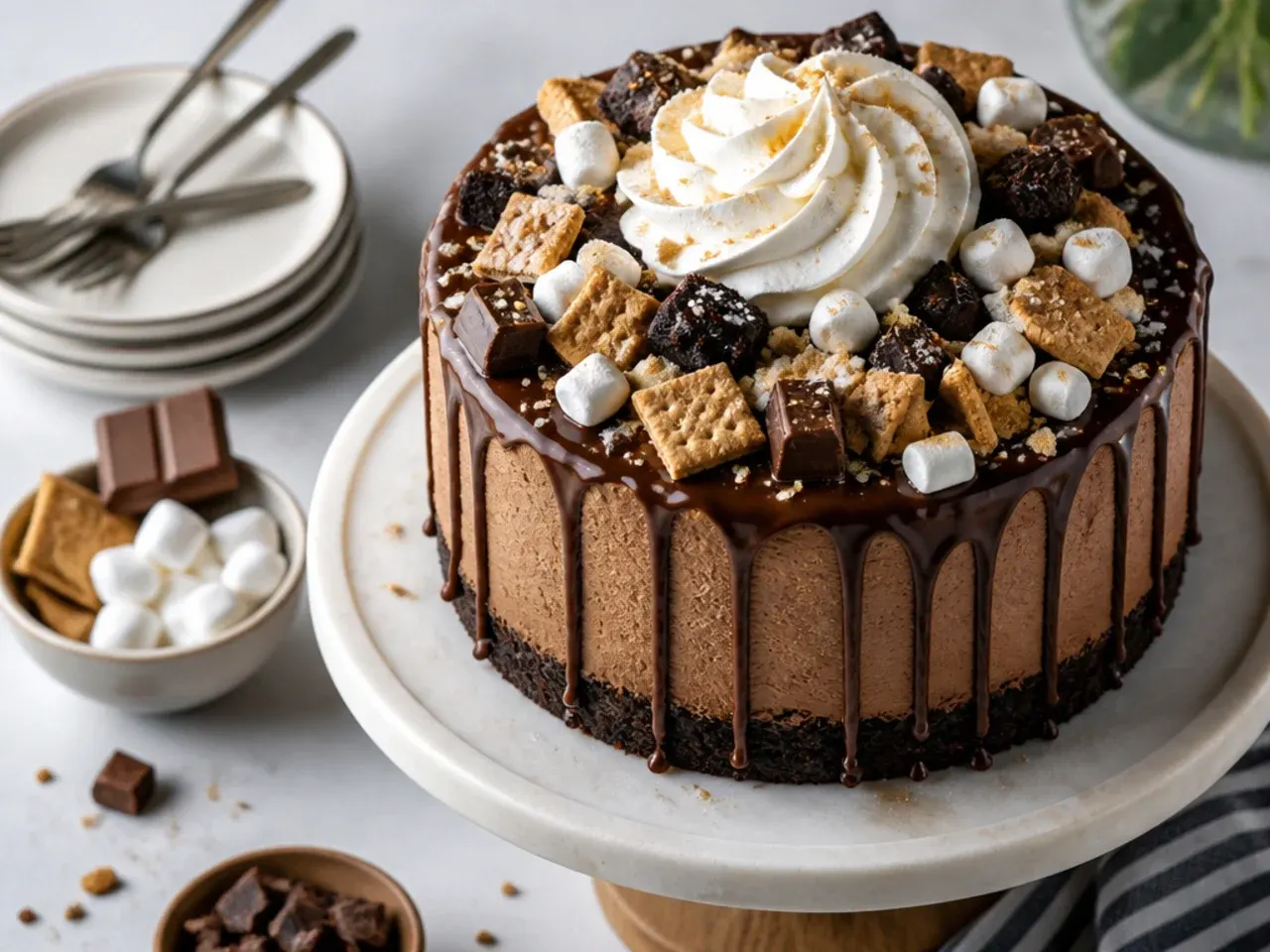 S'mores cake topped with toasted marshmallows and chocolate drizzle