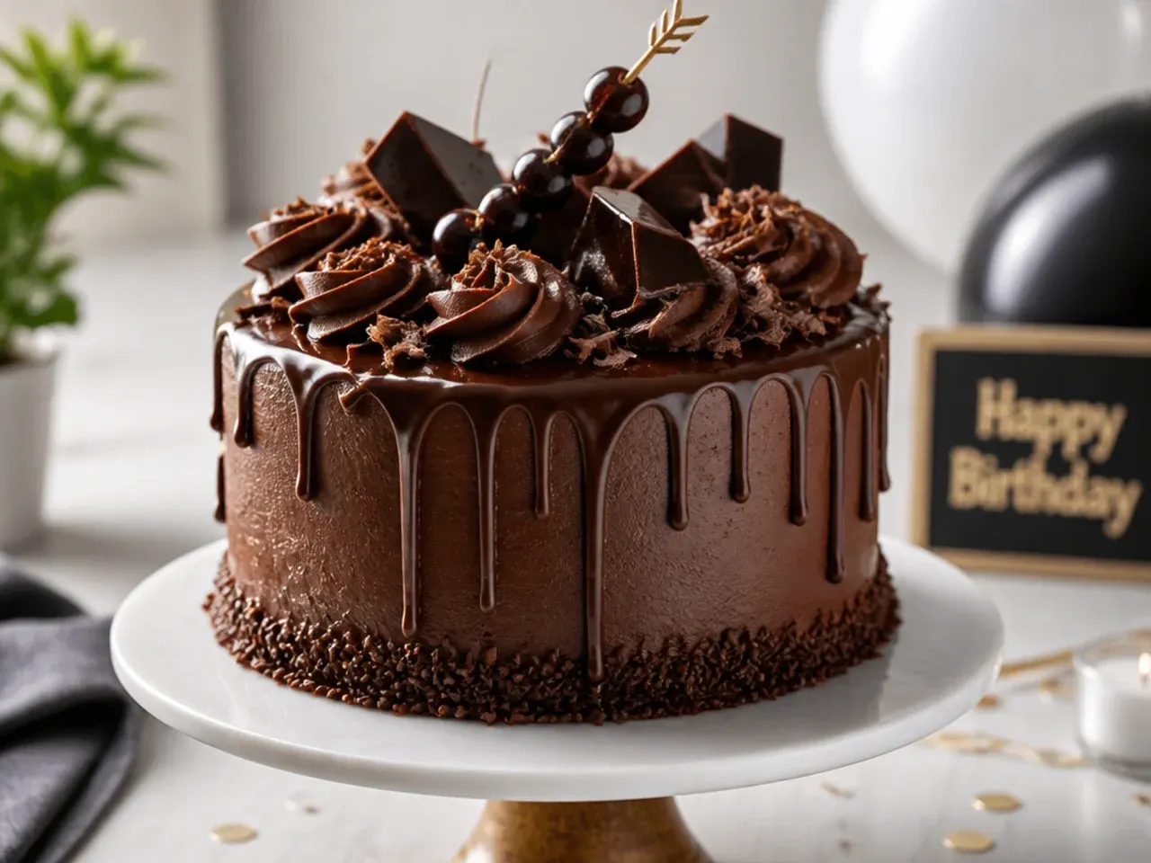 Four-layer death by chocolate cake with thick ganache drip