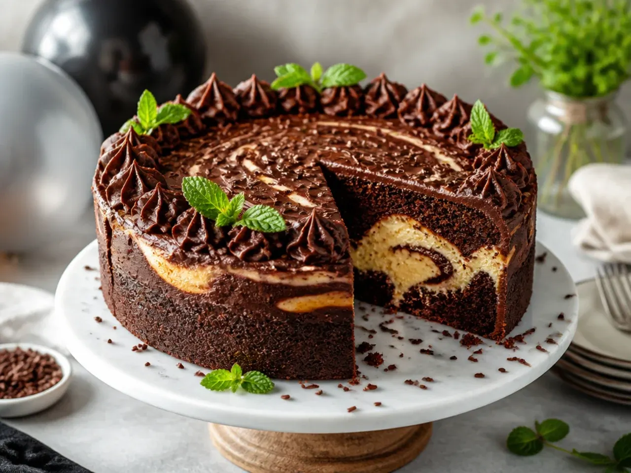 Sliced cheesecake-swirl chocolate cake showing marbled crumb
