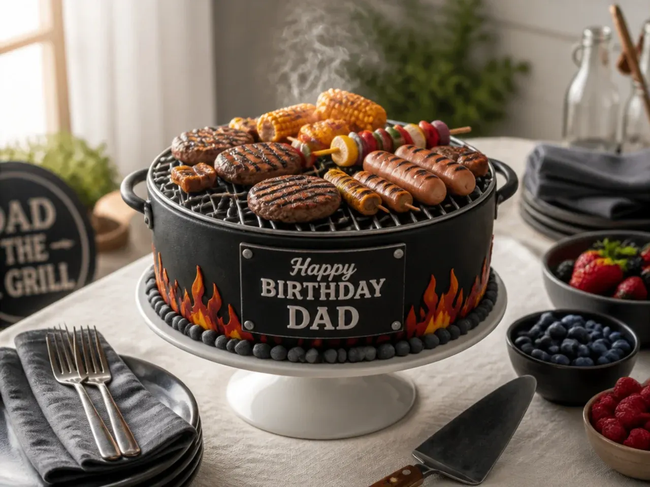Novelty barbecue grill themed birthday cake with buttercream charcoal