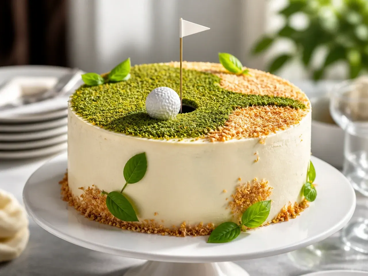 Golf course themed birthday cake with green textured buttercream and flag pick