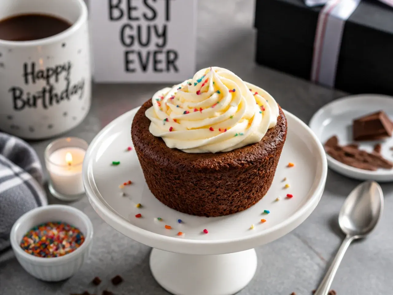 Chocolate mug cake with a spoonful of caramel sauce on top