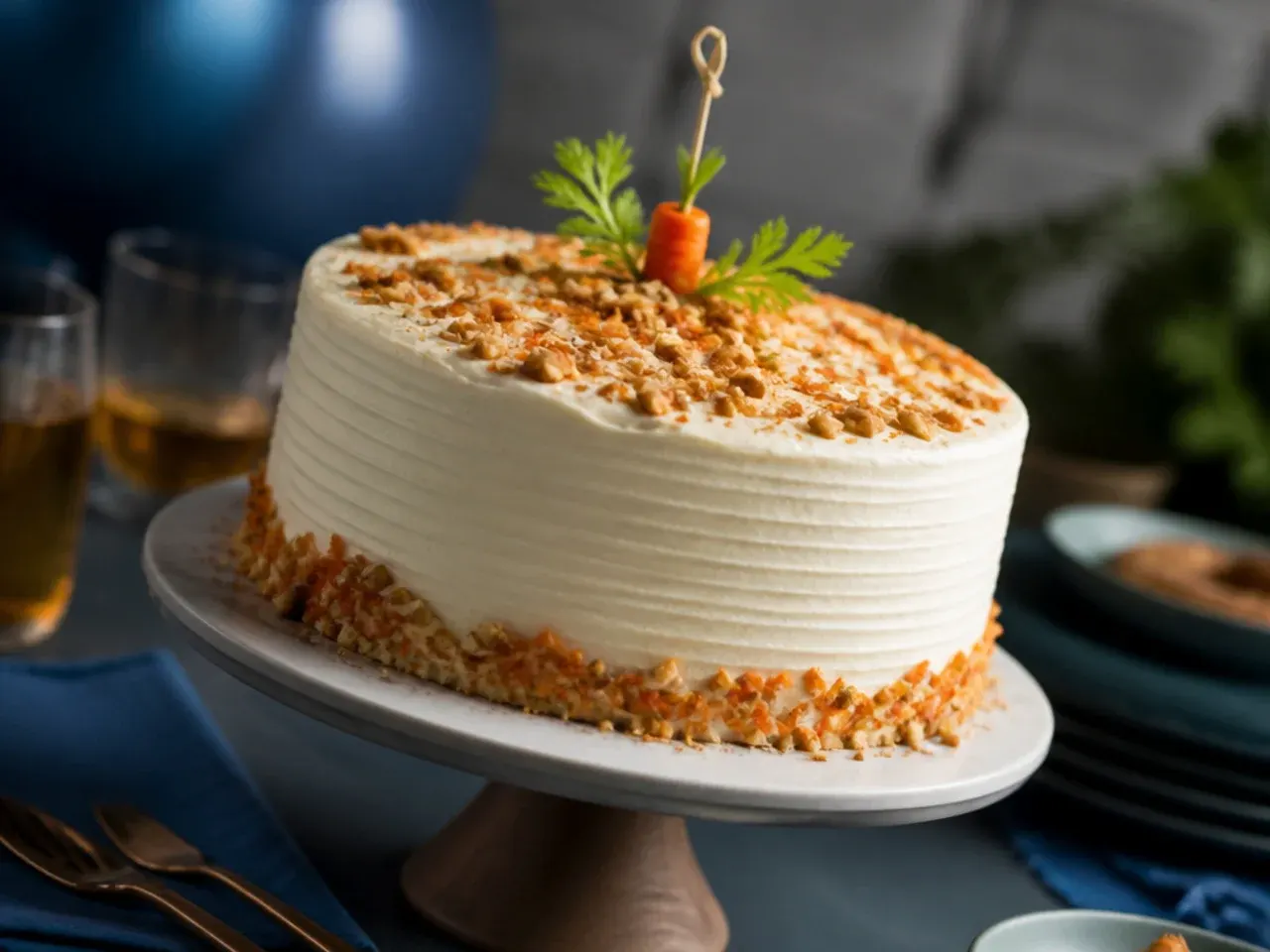 Spiced carrot cake with cream cheese frosting and walnut topping