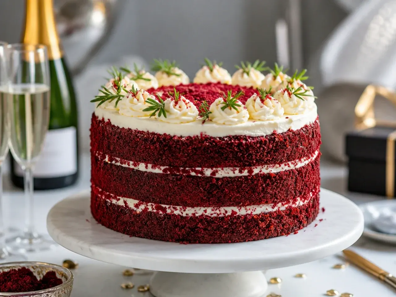 Sliced red velvet cake showing bright red crumb and white frosting