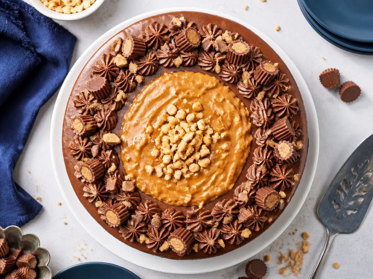 Peanut butter chocolate cake topped with chopped roasted peanuts