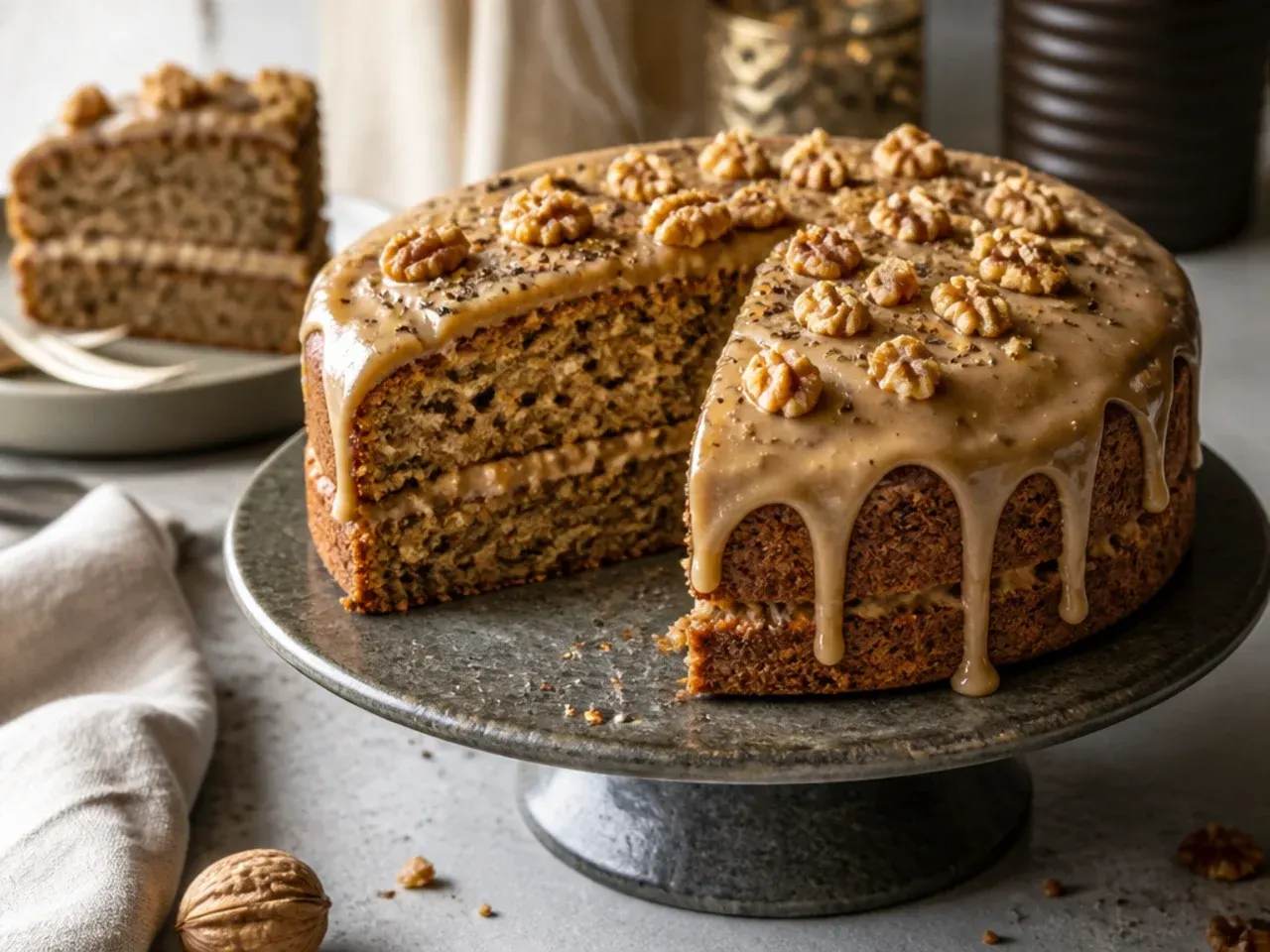 Banana bread style birthday cake topped with toasted walnuts