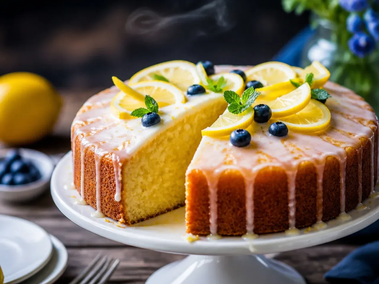 Lemon drizzle cake with glossy citrus glaze and lemon zest topping