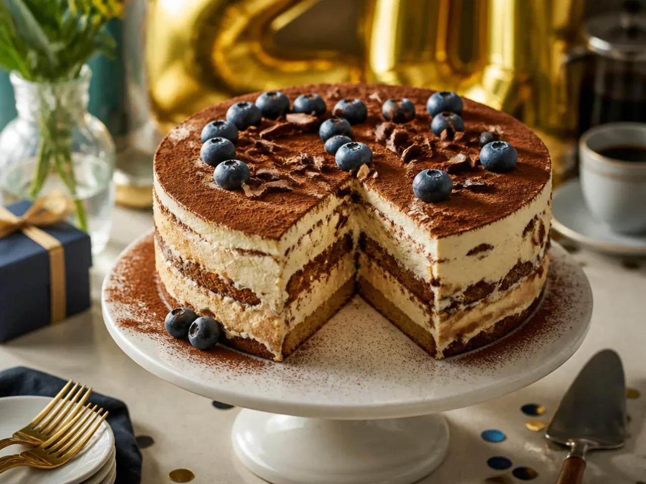 Tiramisu inspired layer cake dusted with cocoa powder