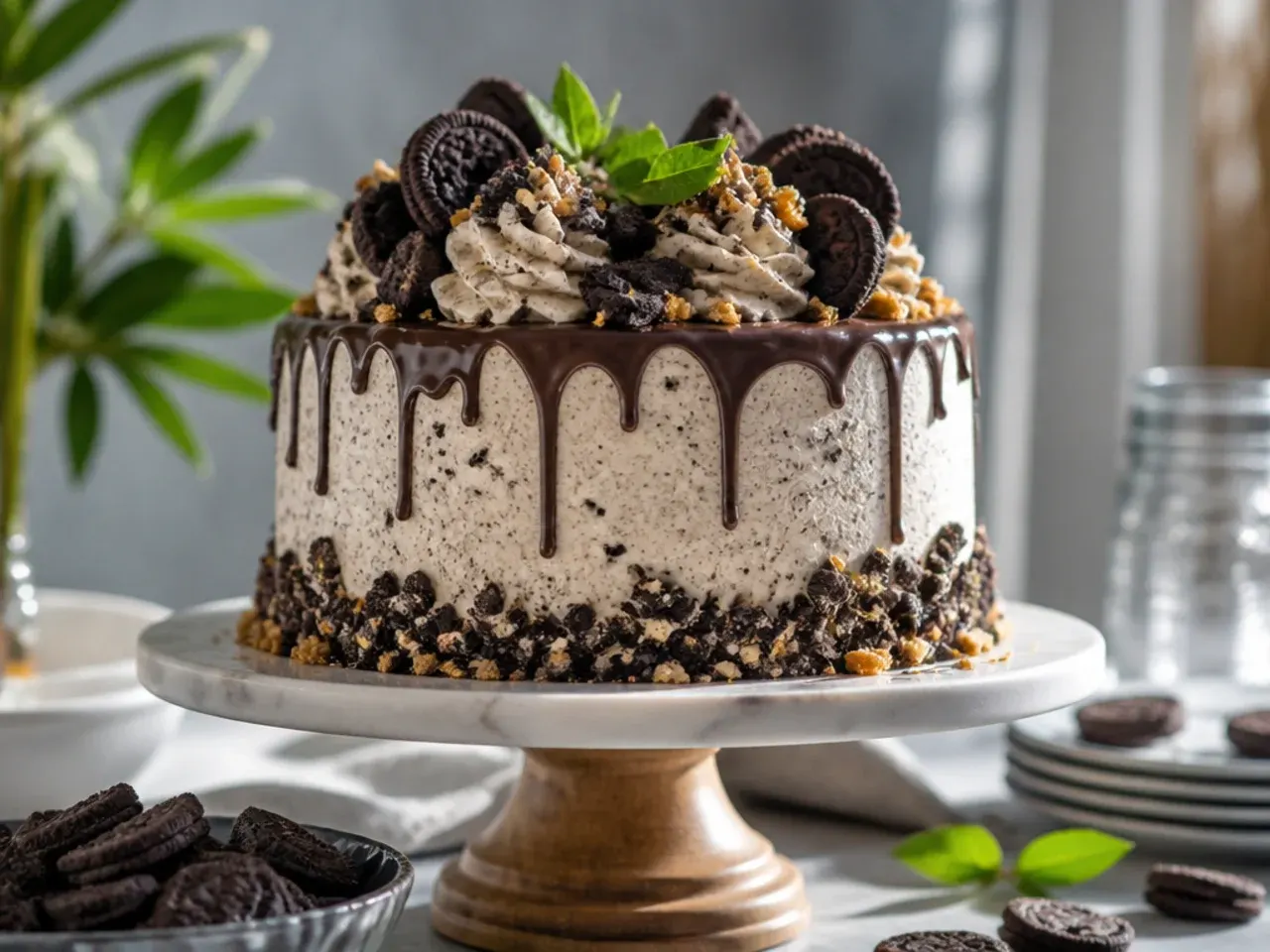 Cookies and cream cake coated in crushed chocolate biscuits