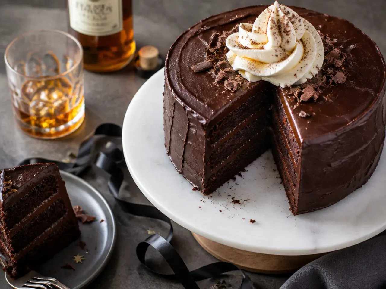 Whisky-soaked chocolate cake with dark ganache coating