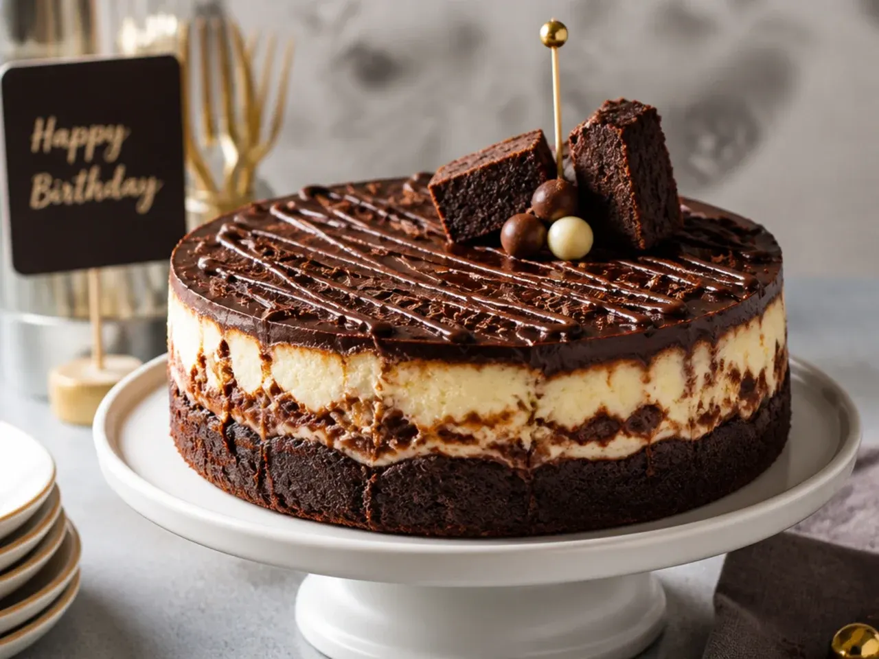 Cheesecake brownie cake slice showing dense fudgy and creamy layers