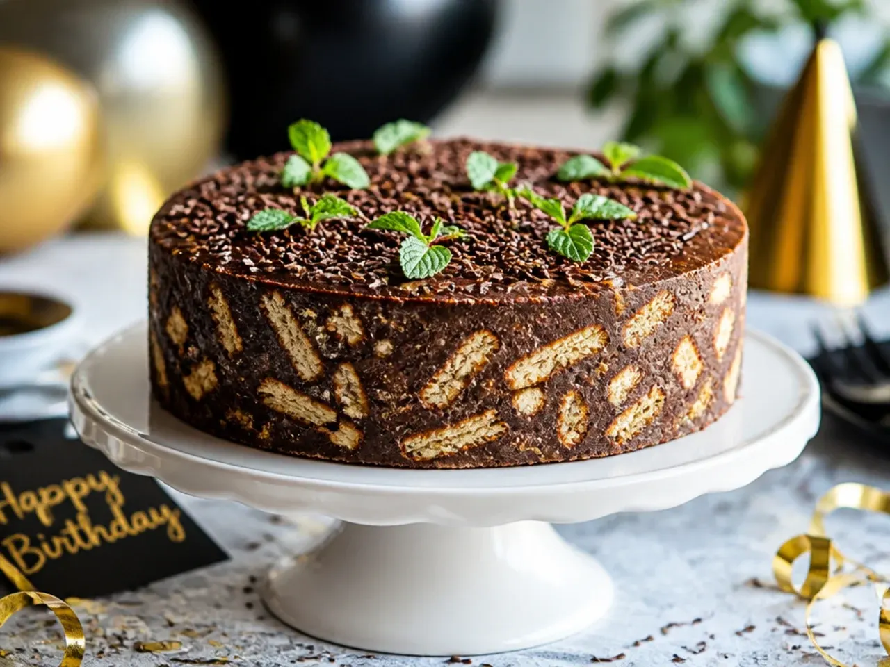 No-bake chocolate biscuit cake cut into thick wedges