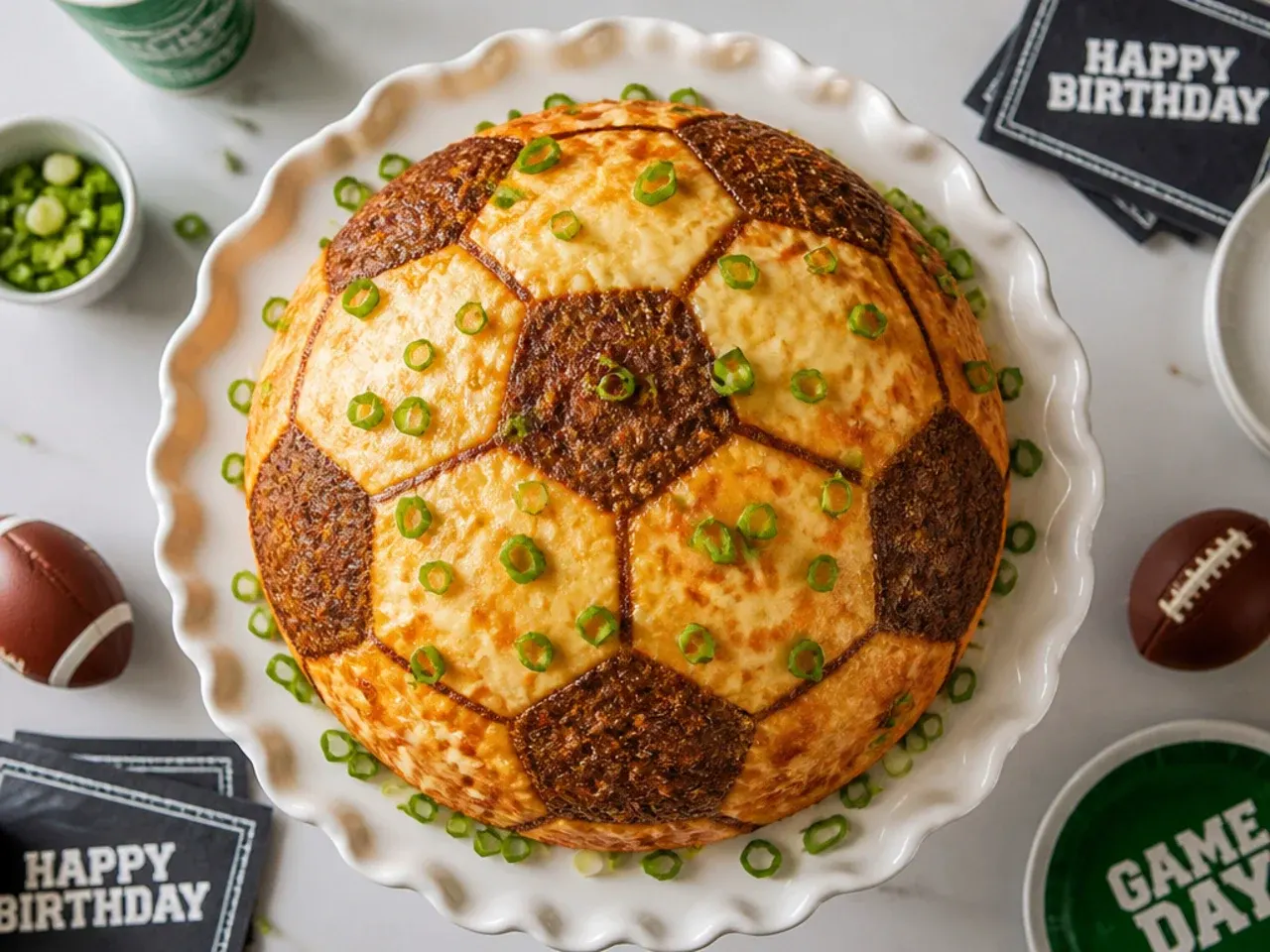 Football shaped birthday cake covered in white and black fondant panels