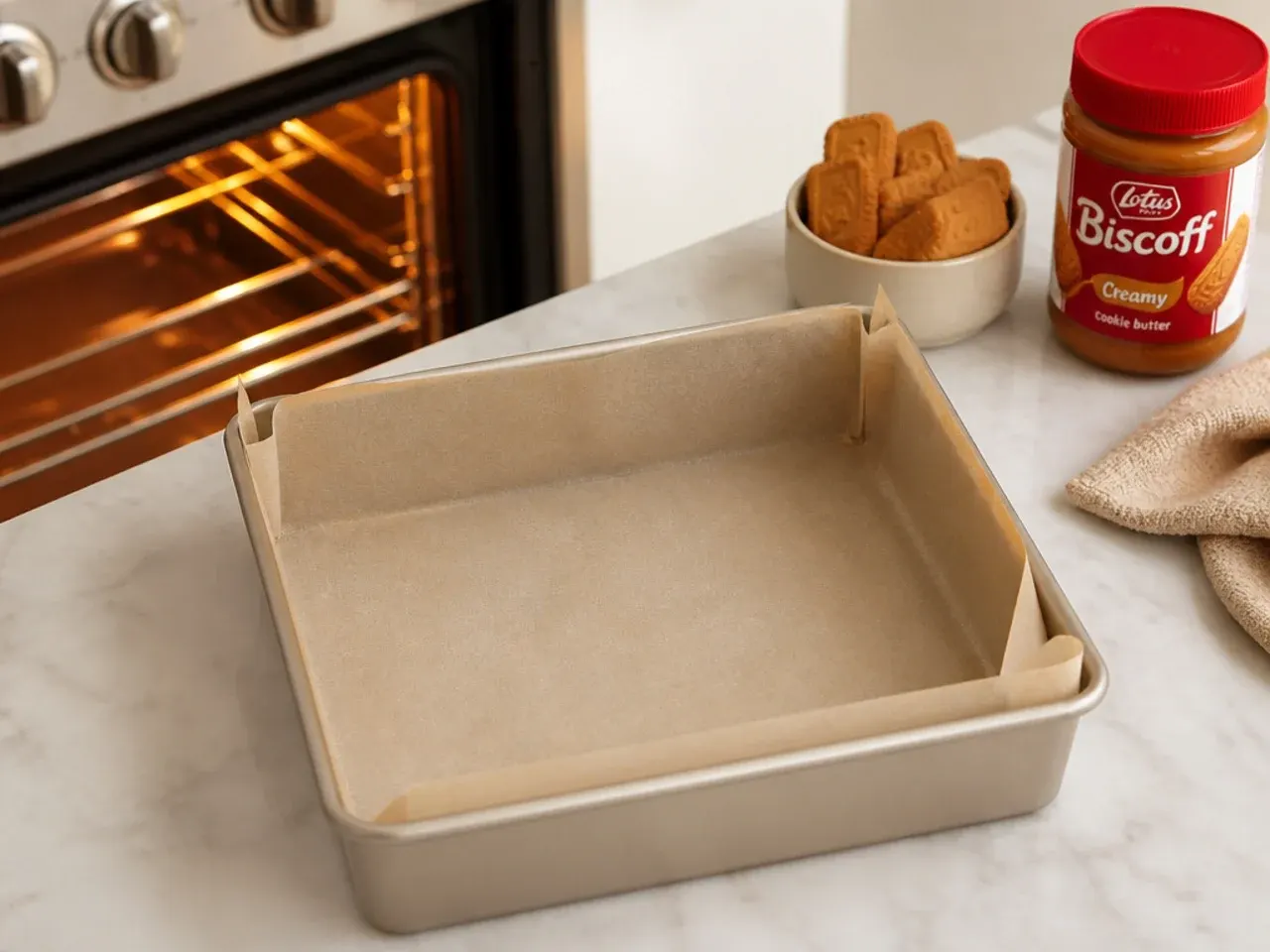 biscoff cheesecake bars — step 1: prep the pan and oven