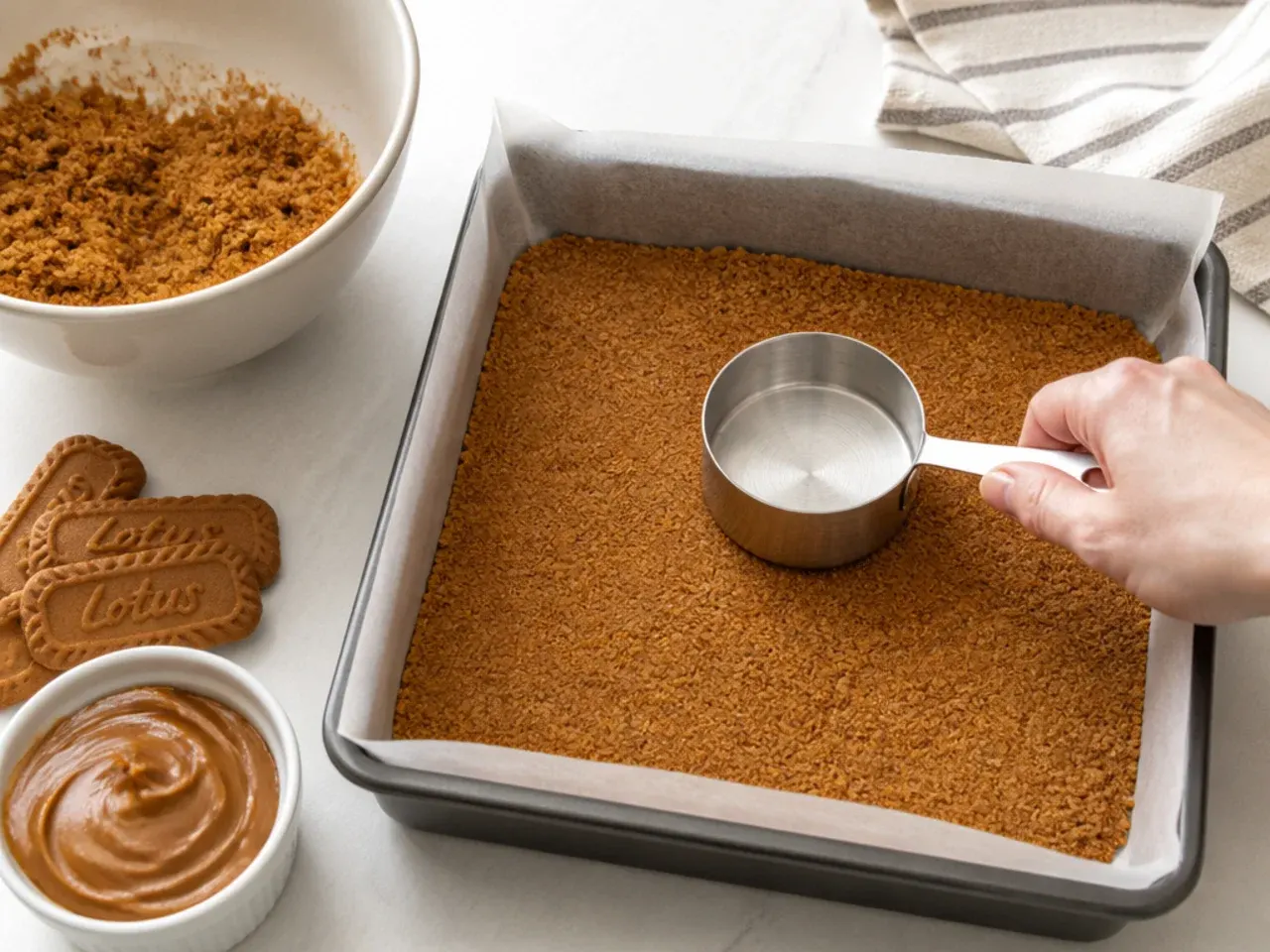 biscoff cheesecake bars — step 2: make and bake the crust