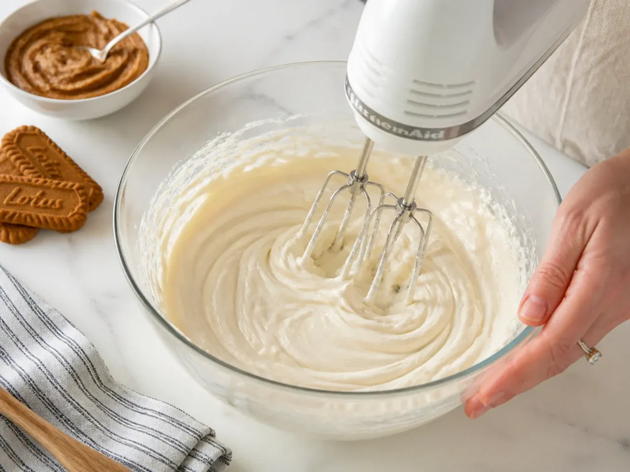 biscoff cheesecake bars — step 3: beat the filling base
