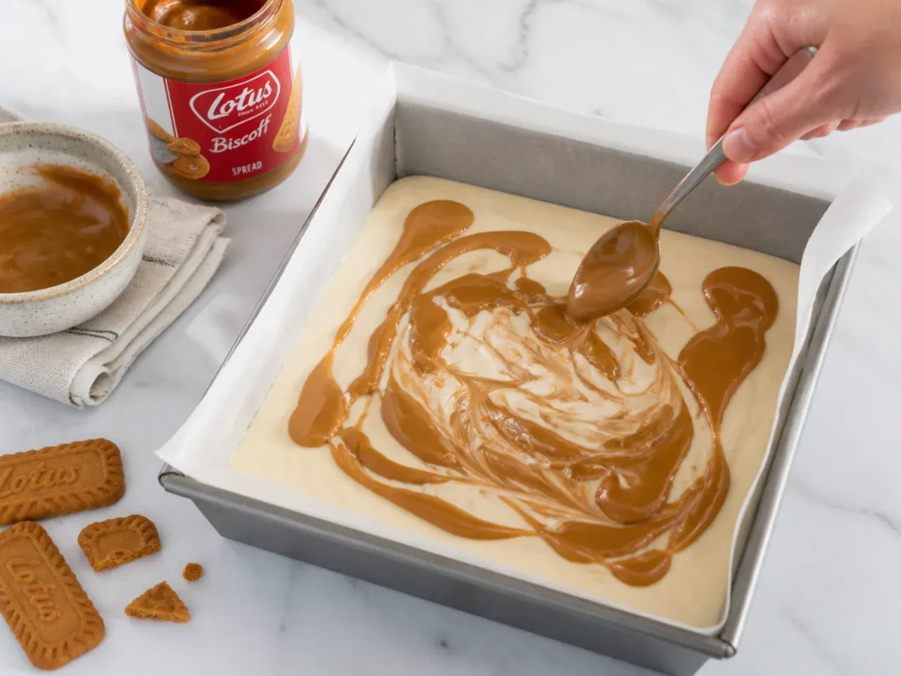 biscoff cheesecake bars — step 5: pour and swirl