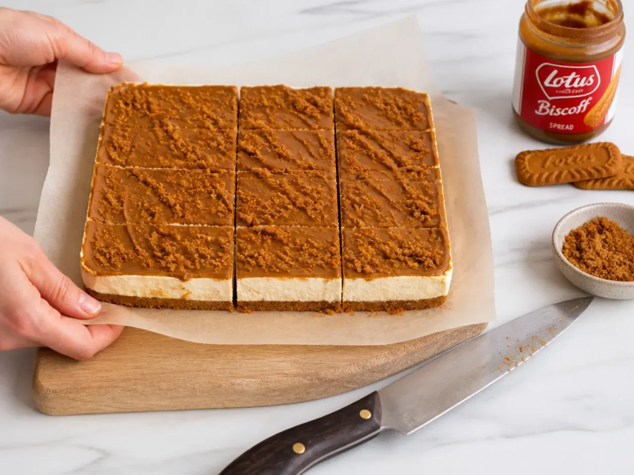biscoff cheesecake bars — step 7: chill, lift and slice
