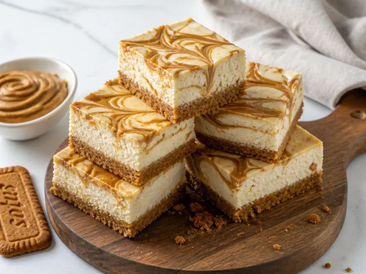 Stack of biscoff cheesecake bars with cookie butter swirl on a wooden board