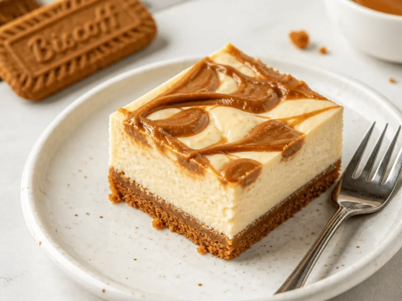 Classic baked biscoff cheesecake bars with glossy cookie butter swirl