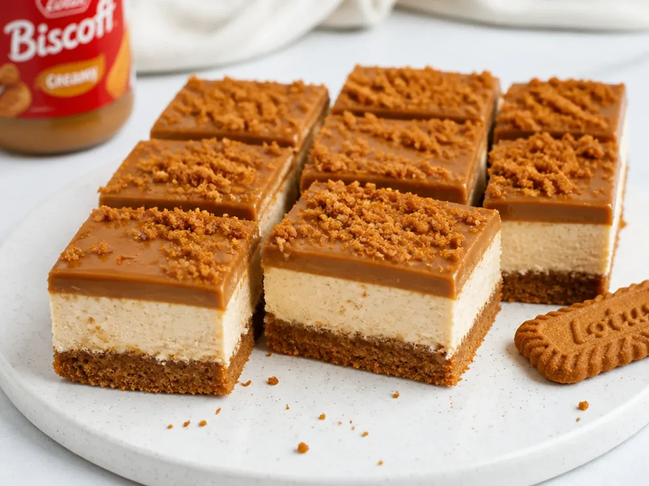 Easy no-bake biscoff cheesecake bars sliced into squares