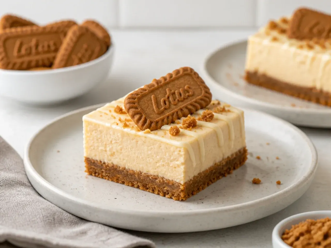Elegant biscoff cheesecake bars topped with white chocolate ganache