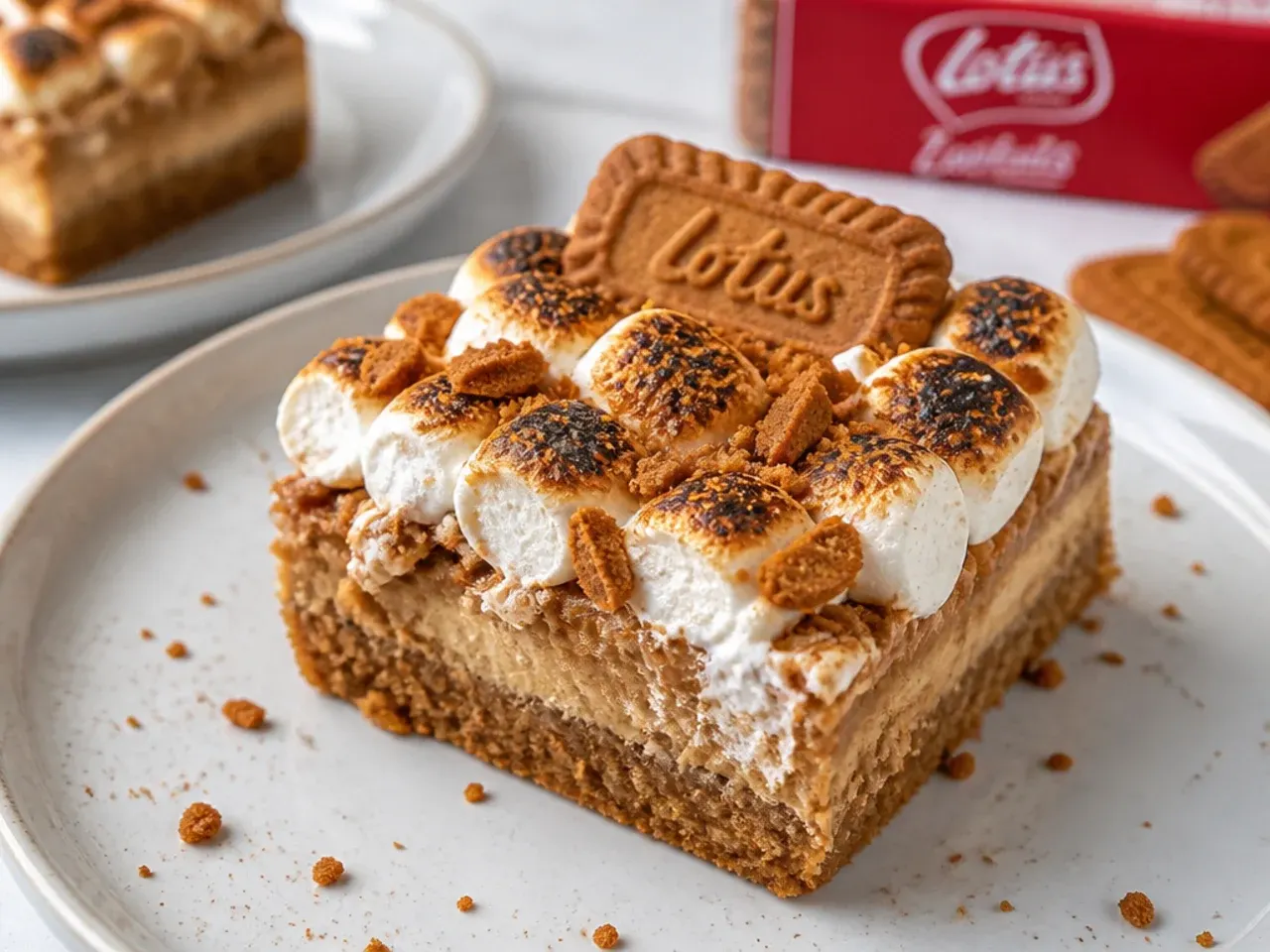 Biscoff cheesecake bars topped with toasted marshmallows smores style