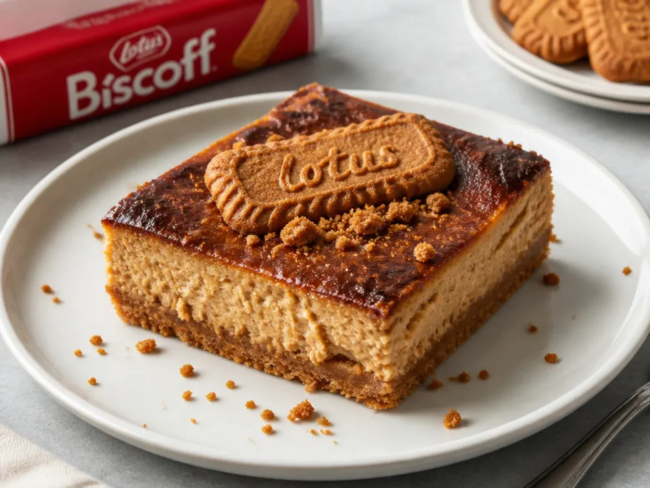 Basque style burnt biscoff cheesecake bars with dark caramelised top