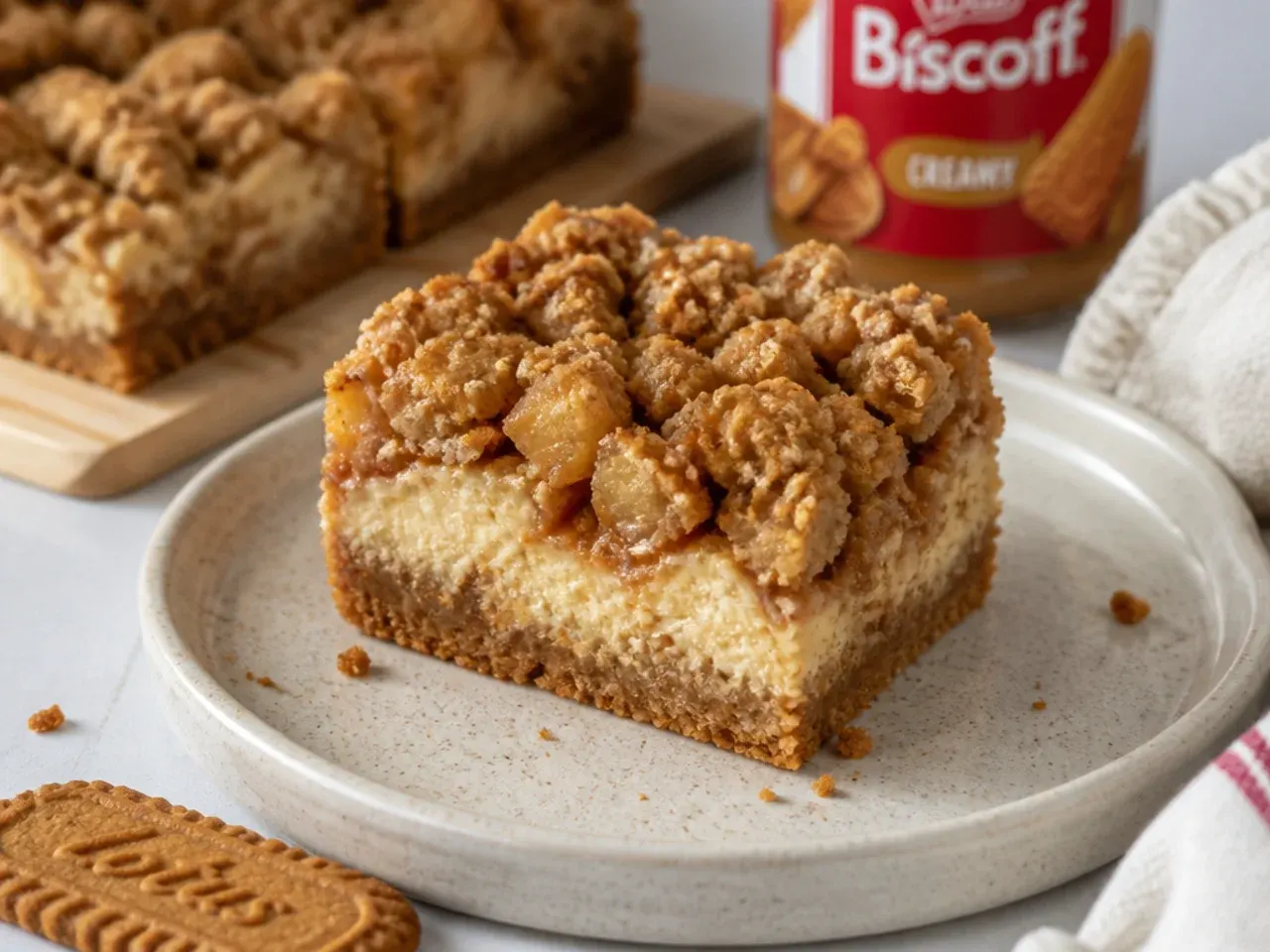 Rustic apple crumble biscoff cheesecake bars with cinnamon streusel topping