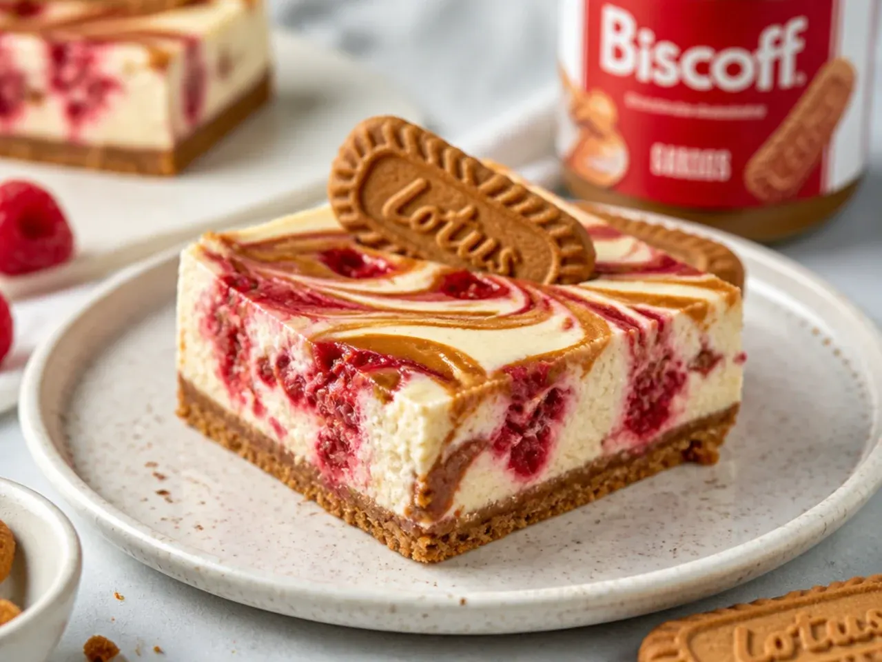 Colorful biscoff cheesecake bars with raspberry and cookie butter swirls