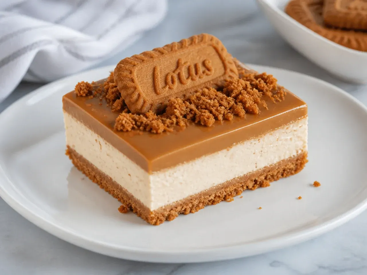 Minimal biscoff cheesecake bars with smooth glossy cookie butter top layer