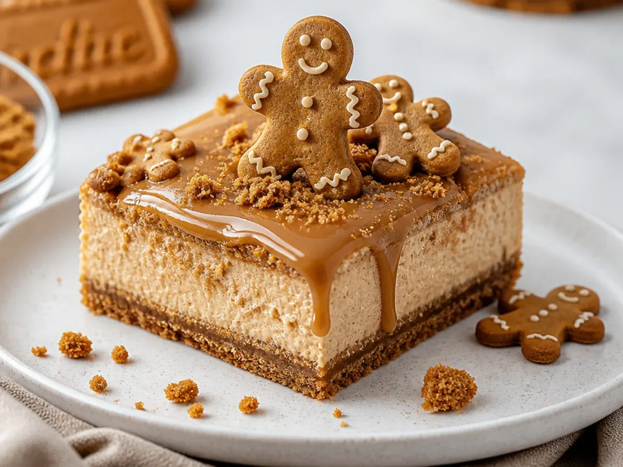 Festive gingerbread spiced biscoff cheesecake bars with mini gingerbread men