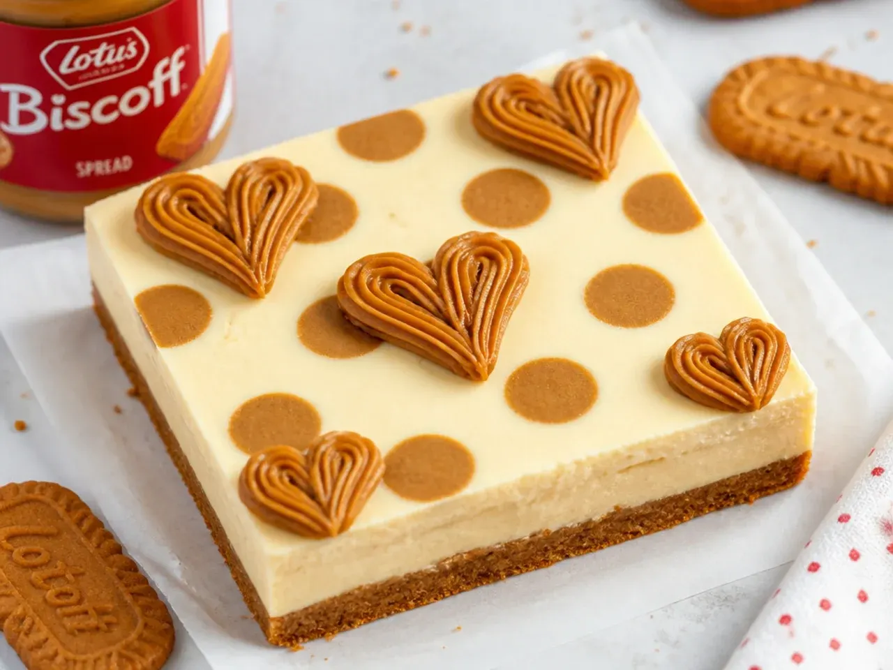 Whimsical polka dot biscoff cheesecake bars with piped cookie butter hearts